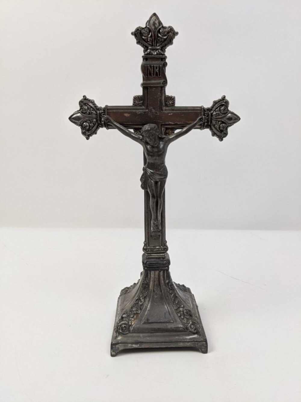Standing Altar Crucifix Vintage Brass 10” Ornate INRI Jesus Cross